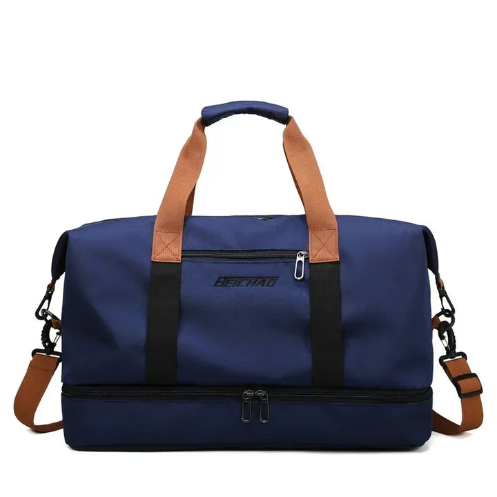 Organized women's large travel bag, features wet-dry separation & a dedicated shoe compartment for active women.