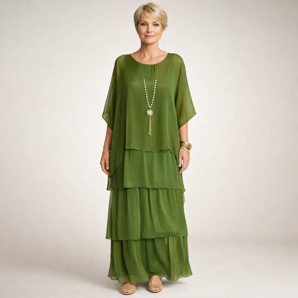 Women's layered maxi dress, flowy bohemian A-line gown. Perfect elegant summer vacation & party dress.