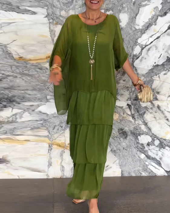 Chic women's bohemian flowy maxi dress, A-line layered gown. Great for parties, summer elegance & vacation.