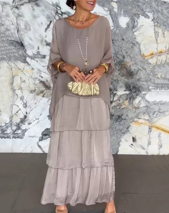 Tiered women's maxi dress, flowy A-line bohemian gown with elegant layers. Ideal for evening & summer parties.
