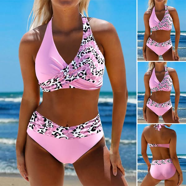 Stylish women's leopard print high waist bikini with a crossover halter top and textured fabric. Perfect for summer.