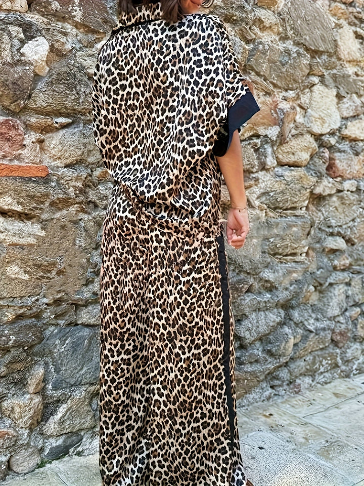 Fashion-forward women's leopard print wide leg jumpsuit. Boasts a flattering v-neck & relaxed fit.