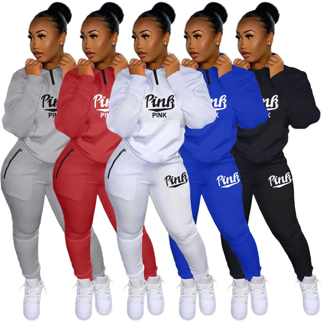 Women's letter print two-piece tracksuit. Comfy loungewear set for casual wear.