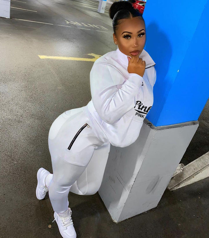 Chic women's letter print two-piece tracksuit, a modern comfy loungewear option.