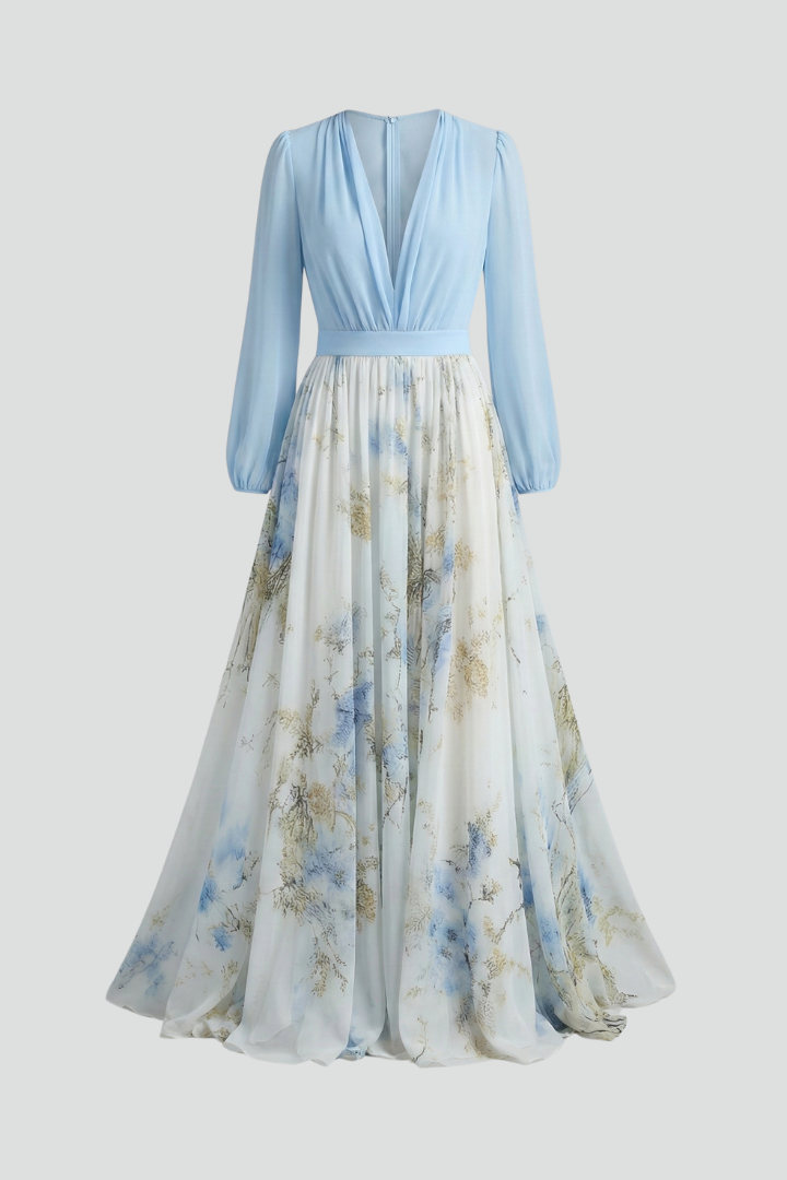 Women's light blue flowing maxi dress with V-neckline & elegant sheer sleeves. Perfect for parties.