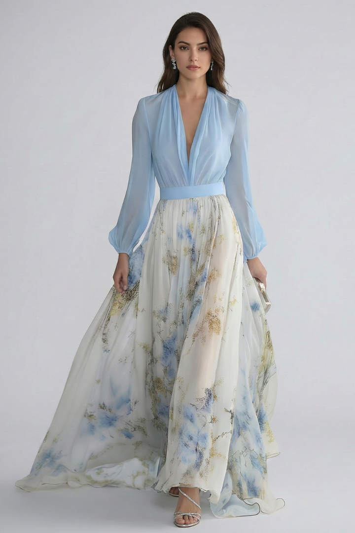 Elegant light blue printed maxi dress for women, featuring a flattering V-neck and sheer long sleeves.