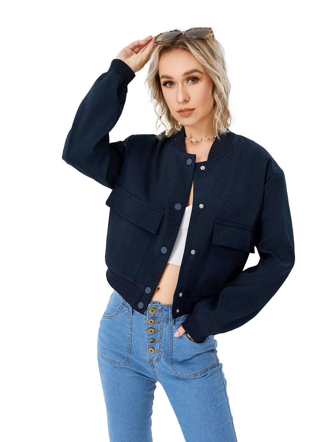 Women's lightweight bomber jacket, Mira, with stylish button closure. Perfect for spring/autumn casual wear.