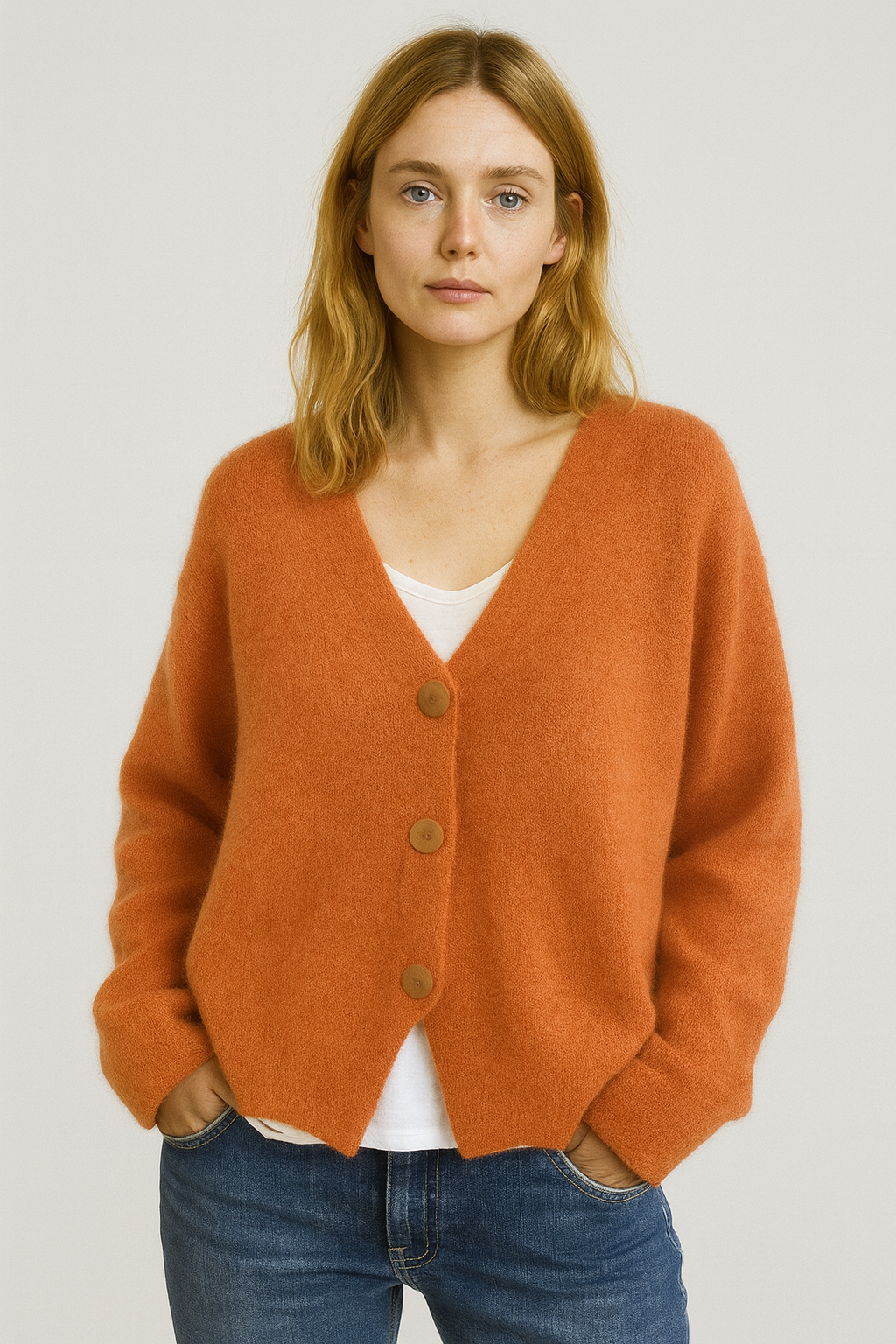 Women's lightweight button-front knit cardigan in cream for spring & summer layering, casual style.