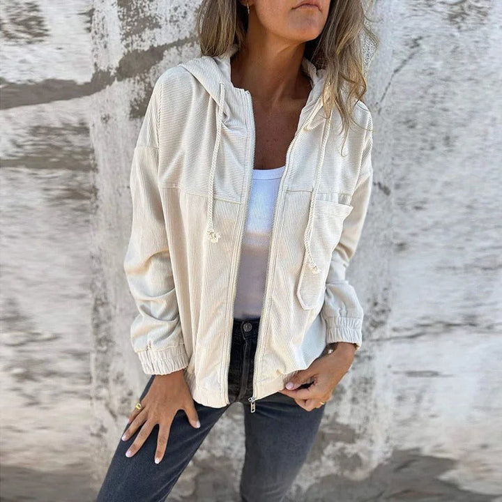 Full-zip women's hooded jacket. Lightweight & long-sleeved for versatile spring & fall casual outerwear.
