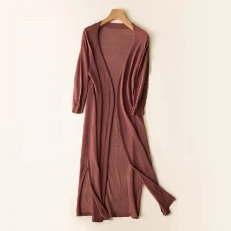 Women's lightweight long cardigan with chic side slits, perfect for spring layering and casual wear.