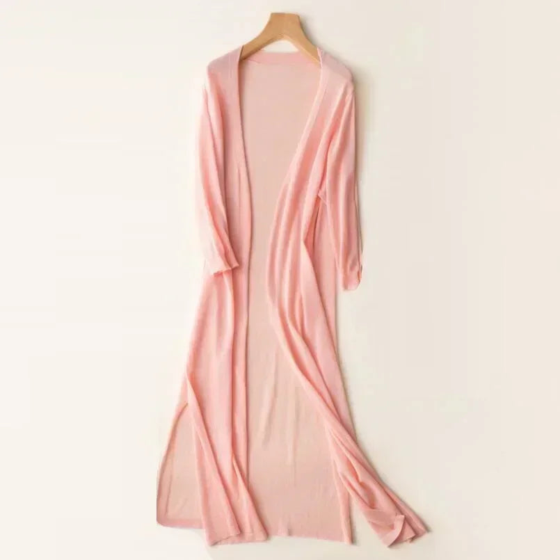 Drapey women's long cardigan, lightweight with elegant side slits & open front. Perfect casual wear.