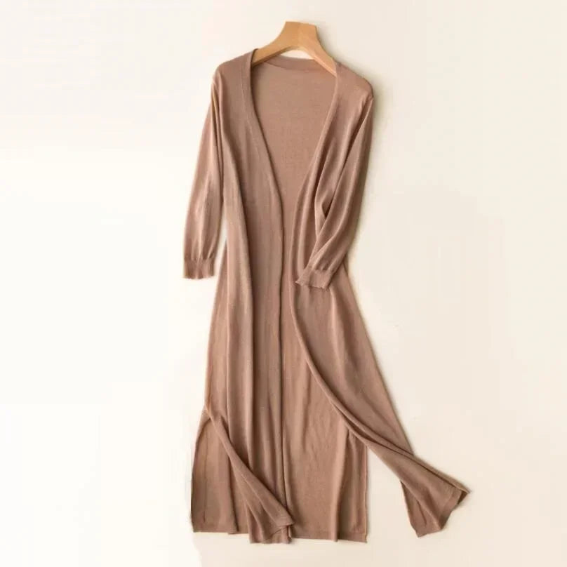 Women's lightweight long open front cardigan, 3/4 sleeves, side slits. Essential spring/summer layering.