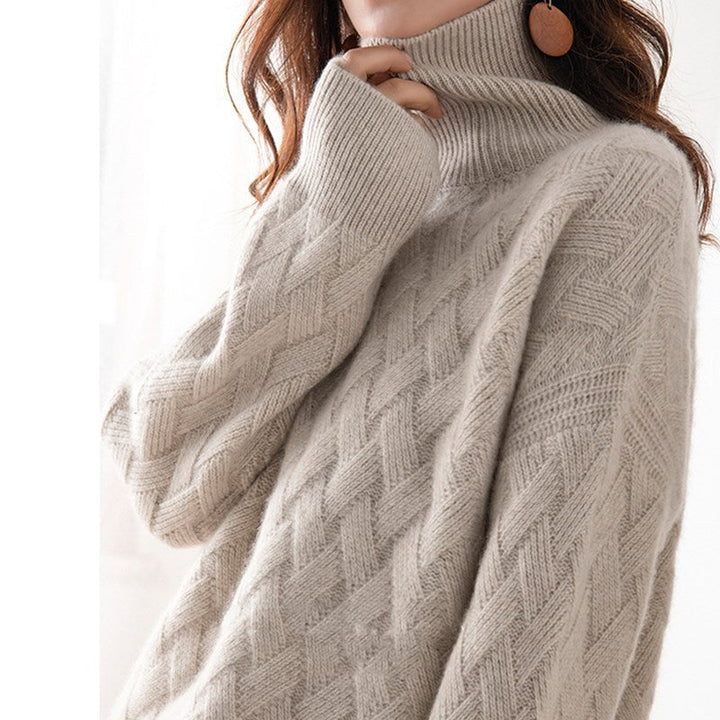 Zoomed view of the ribbed cuff on a women's lightweight turtleneck sweater, a comfortable knitwear detail.