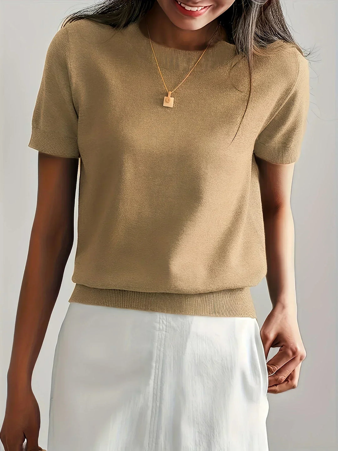 Essential women's short sleeve spring/summer sweater, a stylish lightweight casual knit.