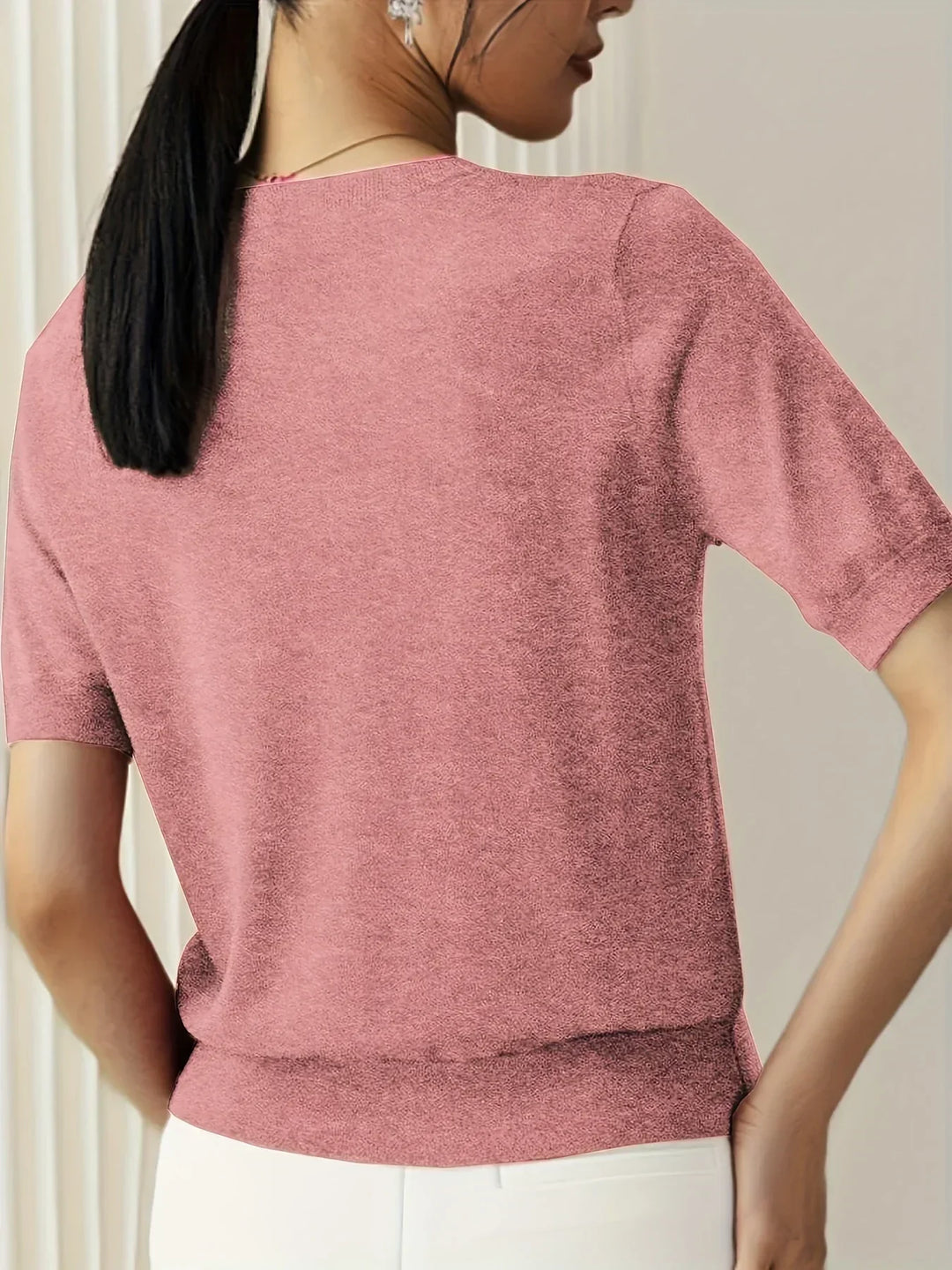 Mila women's short sleeve sweater, lightweight & breathable, a versatile spring/summer casual knit.