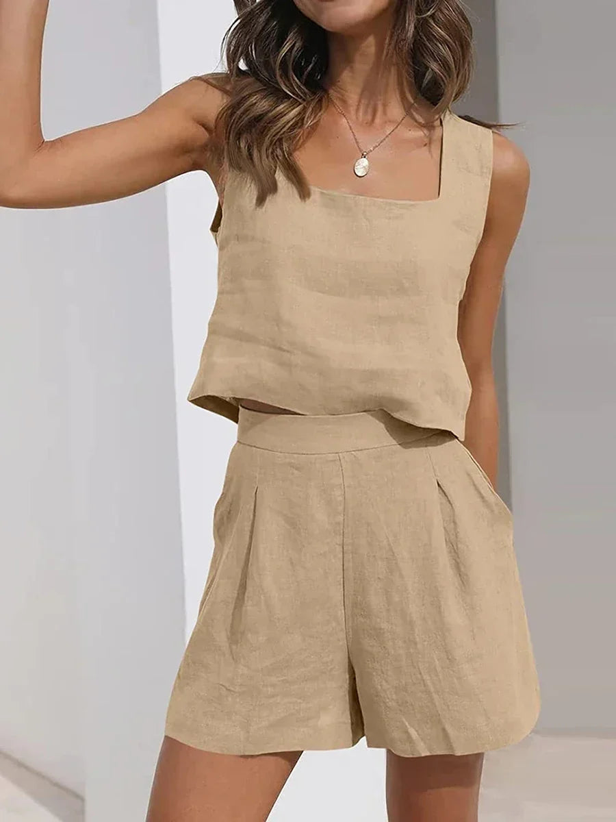Women's lightweight sleeveless crop top and shorts matching set for summer casual wear.