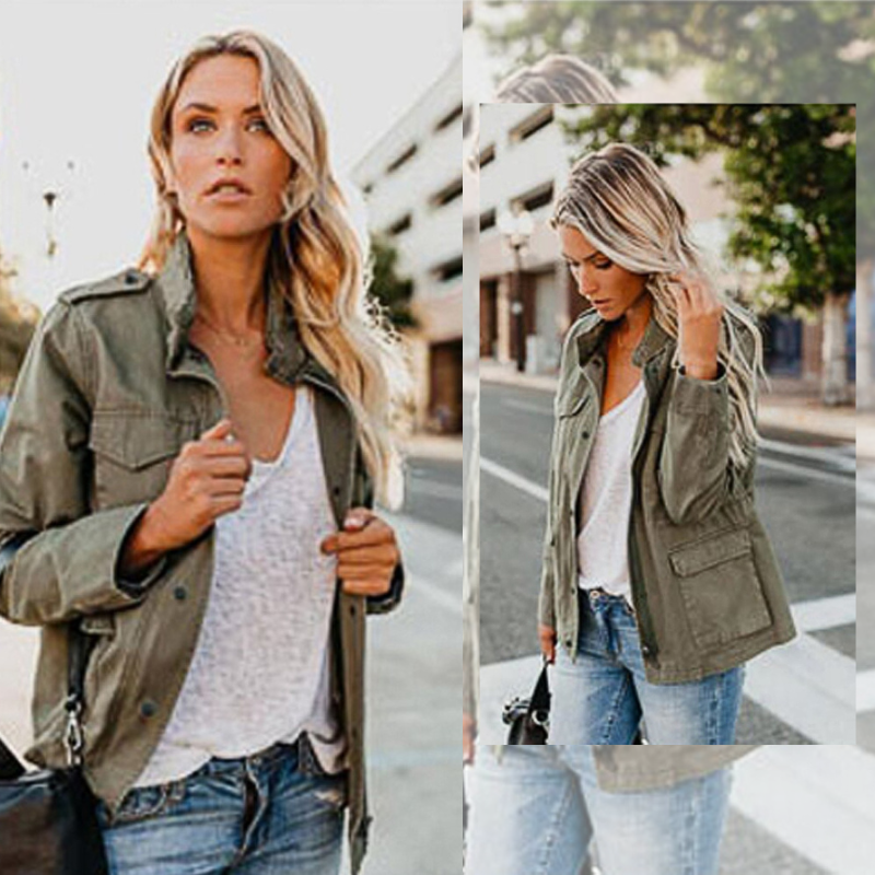 Casual women's spring/autumn jacket. Lightweight design with zipper, functional pockets, and adjustable cuffs.