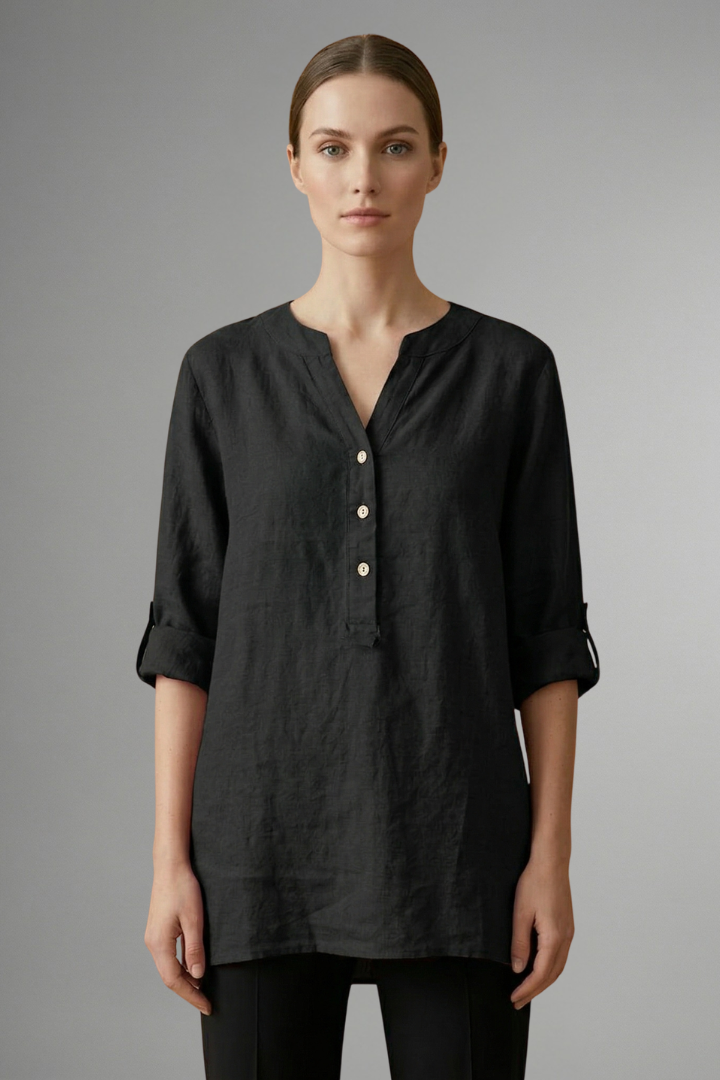 Women's linen blouse, V-neck, button closure, roll sleeves. Loose fit casual top, great for everyday summer wear.