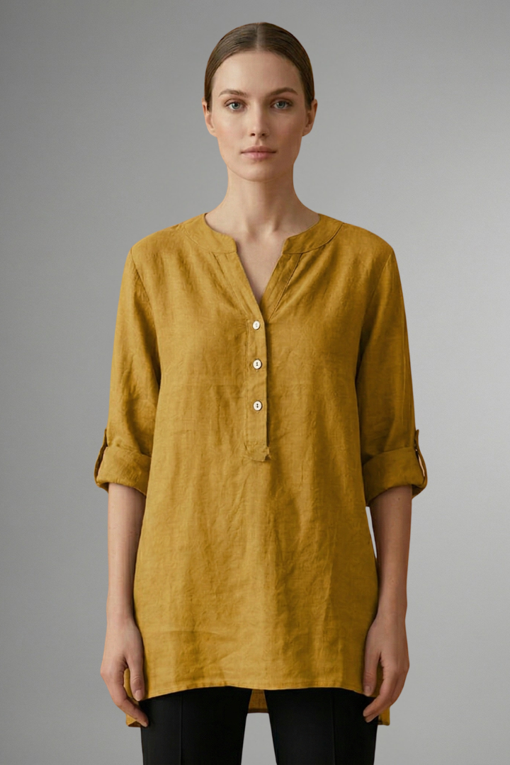 Women's V-neck linen blouse, button closure, roll sleeves. Loose fit casual summer top for comfortable everyday wear.