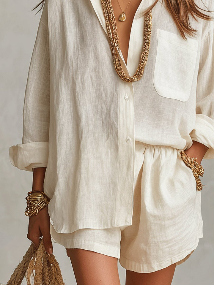 Effortless women's long-sleeve short set, two-piece linen-look for comfortable summer and vacation style.