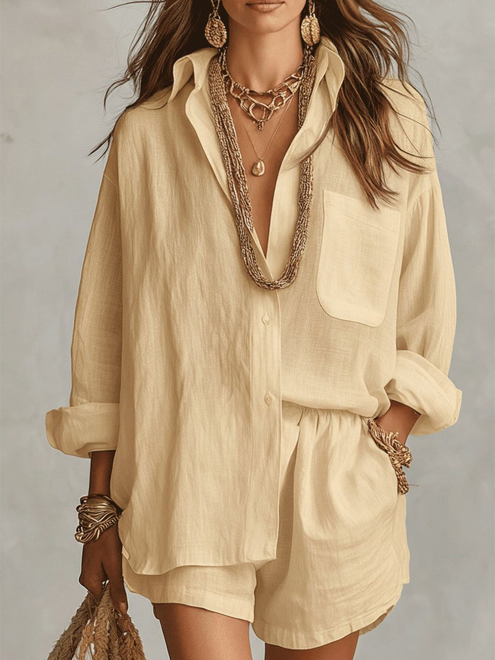 Comfortable women's long-sleeve & shorts casual set, linen-look fabric, great for summer.