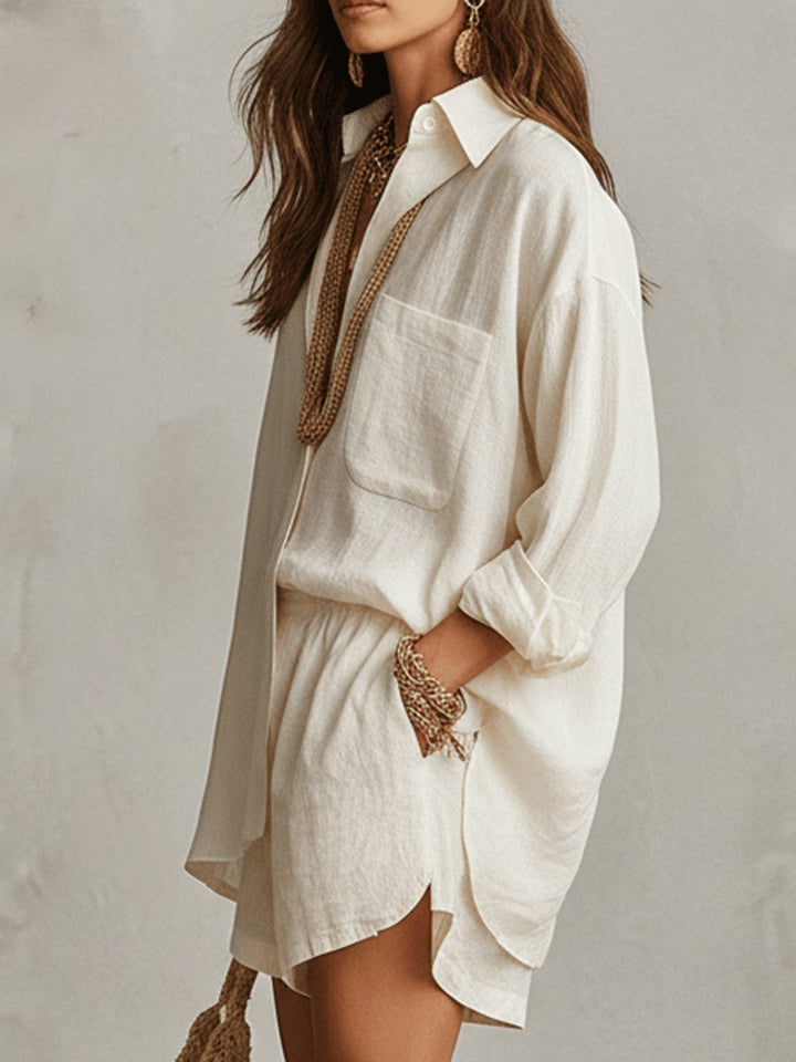 Linen-look women's casual short set, long sleeves, comfortable & stylish for summer and travel.