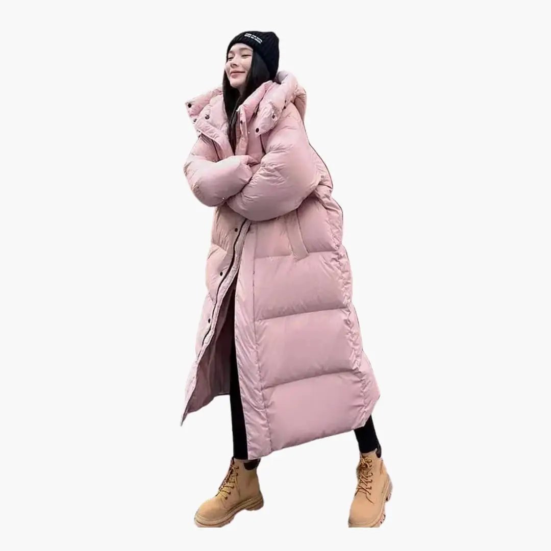 Women's long black puffer jacket with a hood, perfect for warm winter outerwear & cold weather fashion.