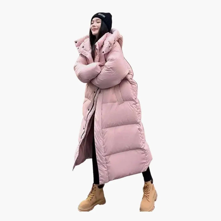 Women's long black puffer jacket with a hood, perfect for warm winter outerwear & cold weather fashion.