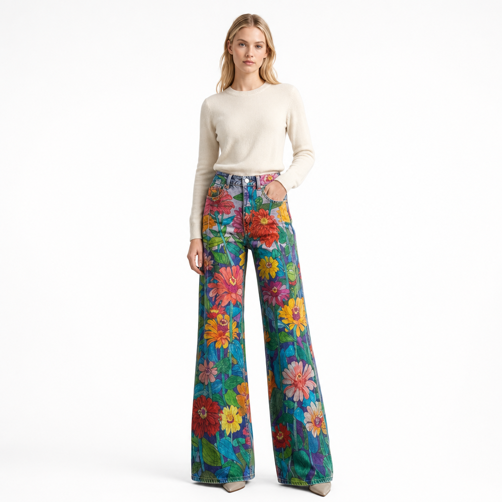 Loose fit wide-leg denim jeans for women, a comfortable & stylish choice for casual apparel.