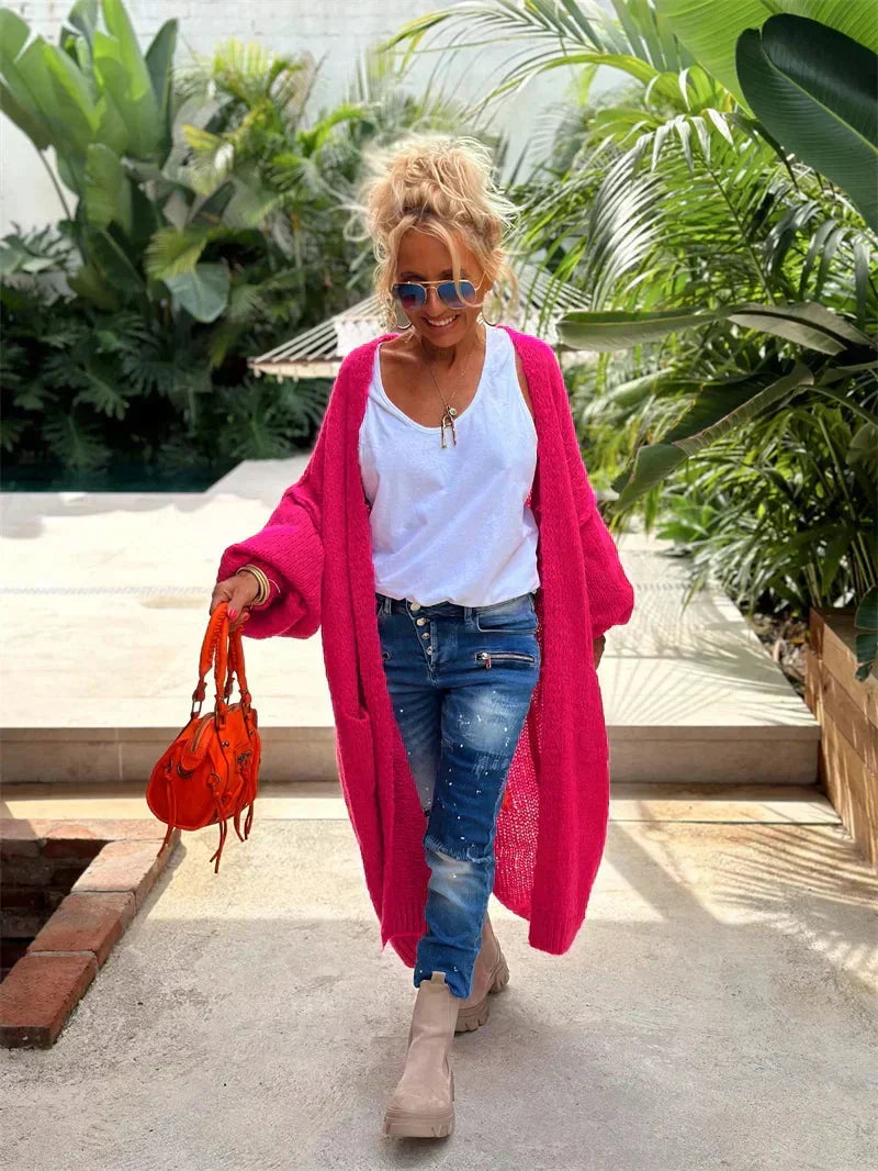 Vibrant long knit cardigan for women, with an oversized bohemian design & cozy feel.