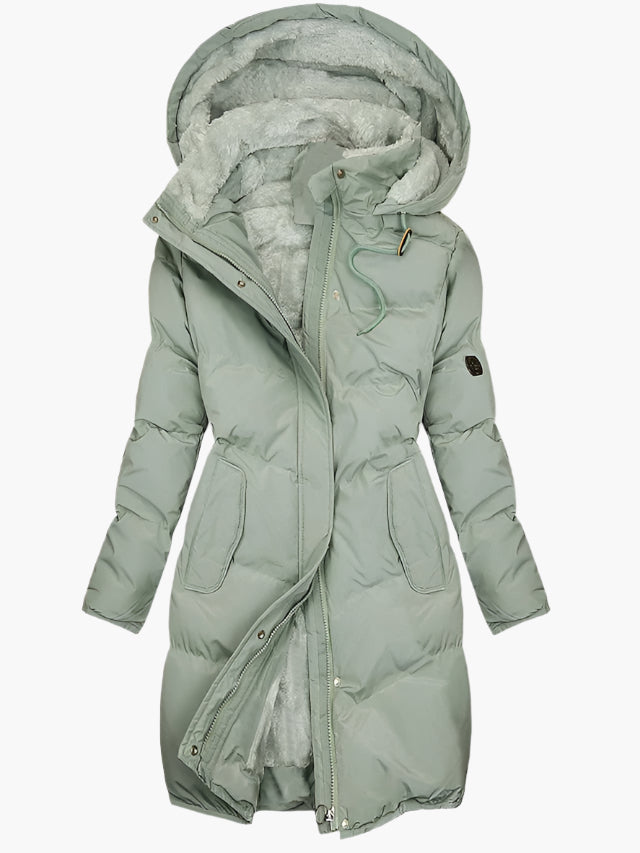 Women's long quilted hooded winter coat, insulated & warm for cold weather outerwear