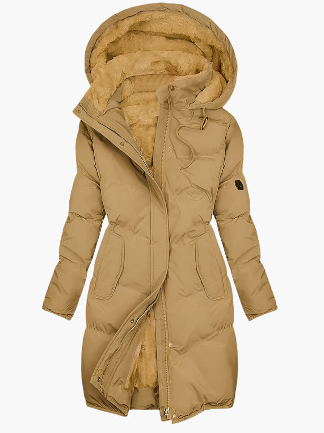 Warm women's long quilted winter jacket, hooded and insulated for ultimate comfort