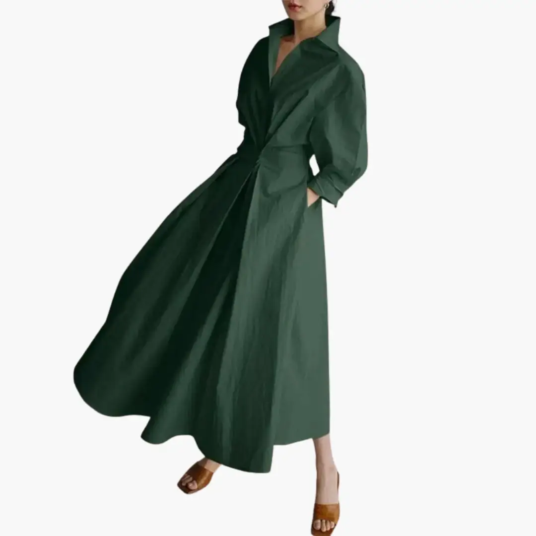 Women's long button-front dress. Maxi length, defined waist, long sleeves. Great for spring & summer.