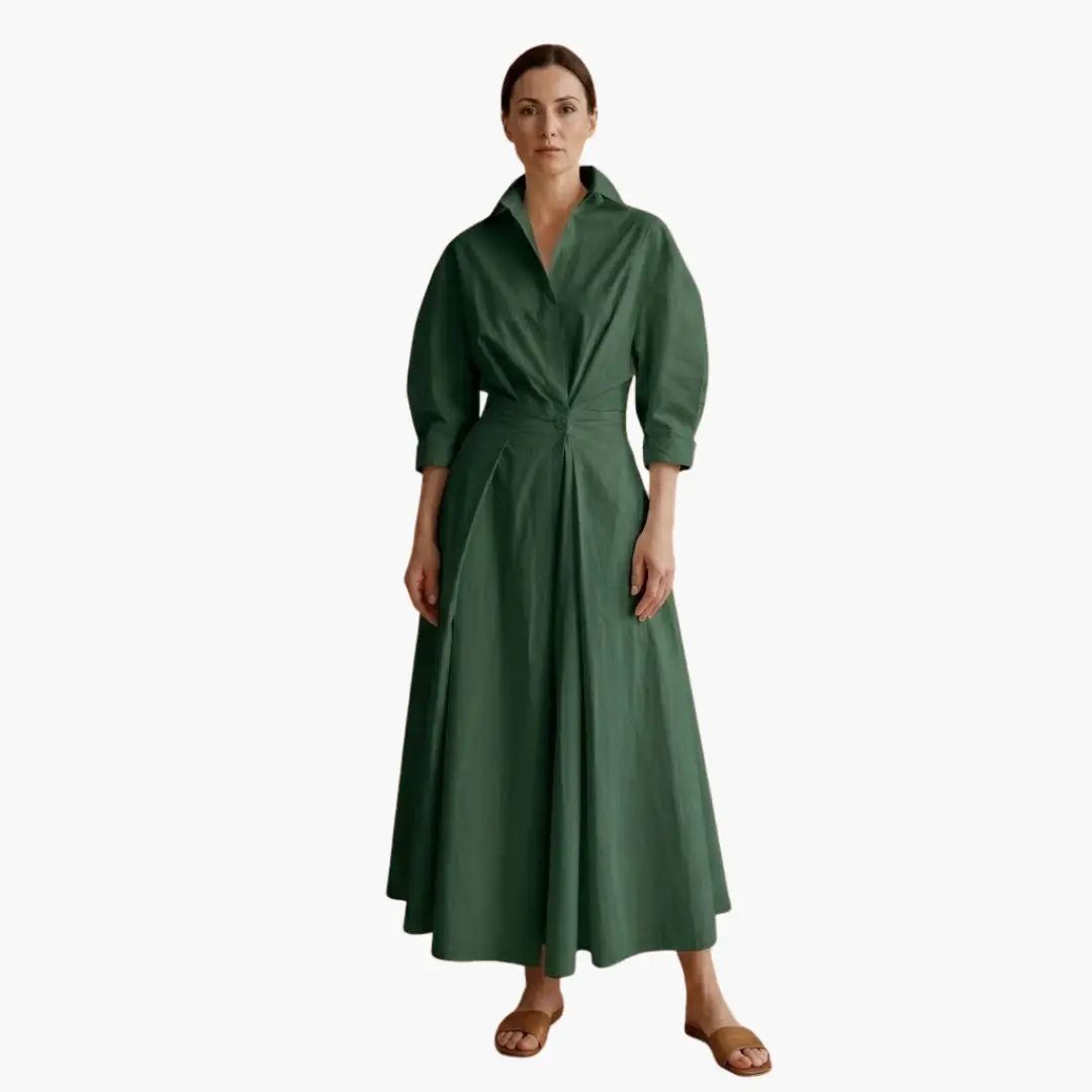 Elegant ankle-length women's shirt dress. Structured waist & button front. Effortless style for any occasion.