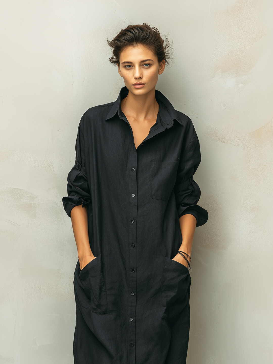 Versatile women's long sleeve button down shirt dress in midi length, ideal for casual spring and fall fashion.