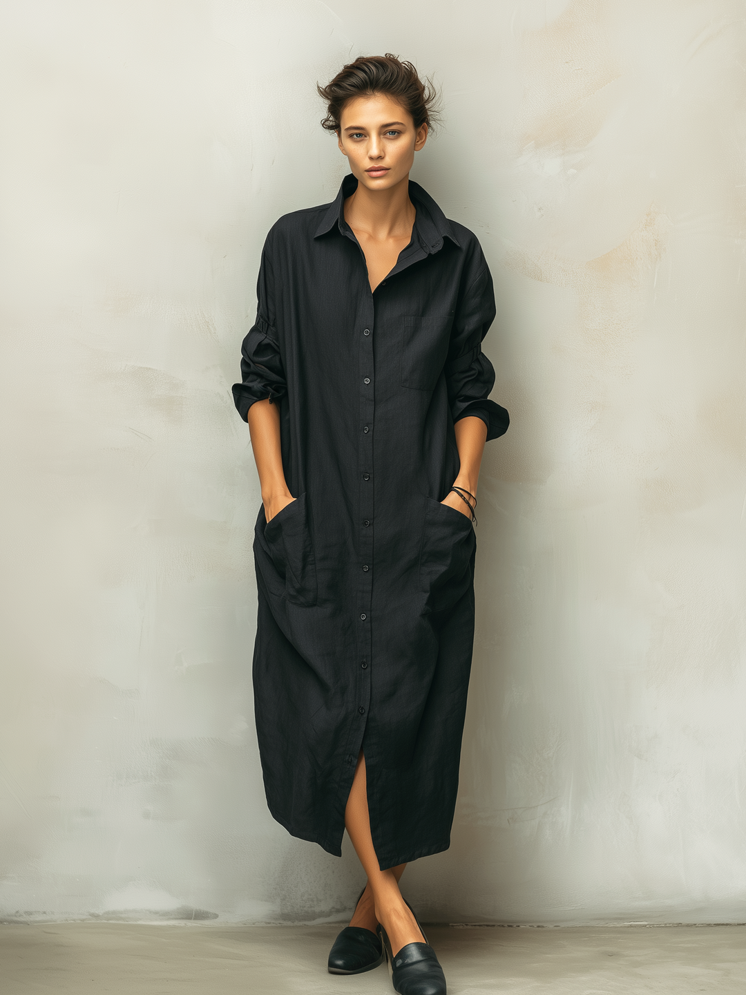 Elegant women's long sleeve midi dress with button-down front, a stylish and comfortable choice for daily wear.