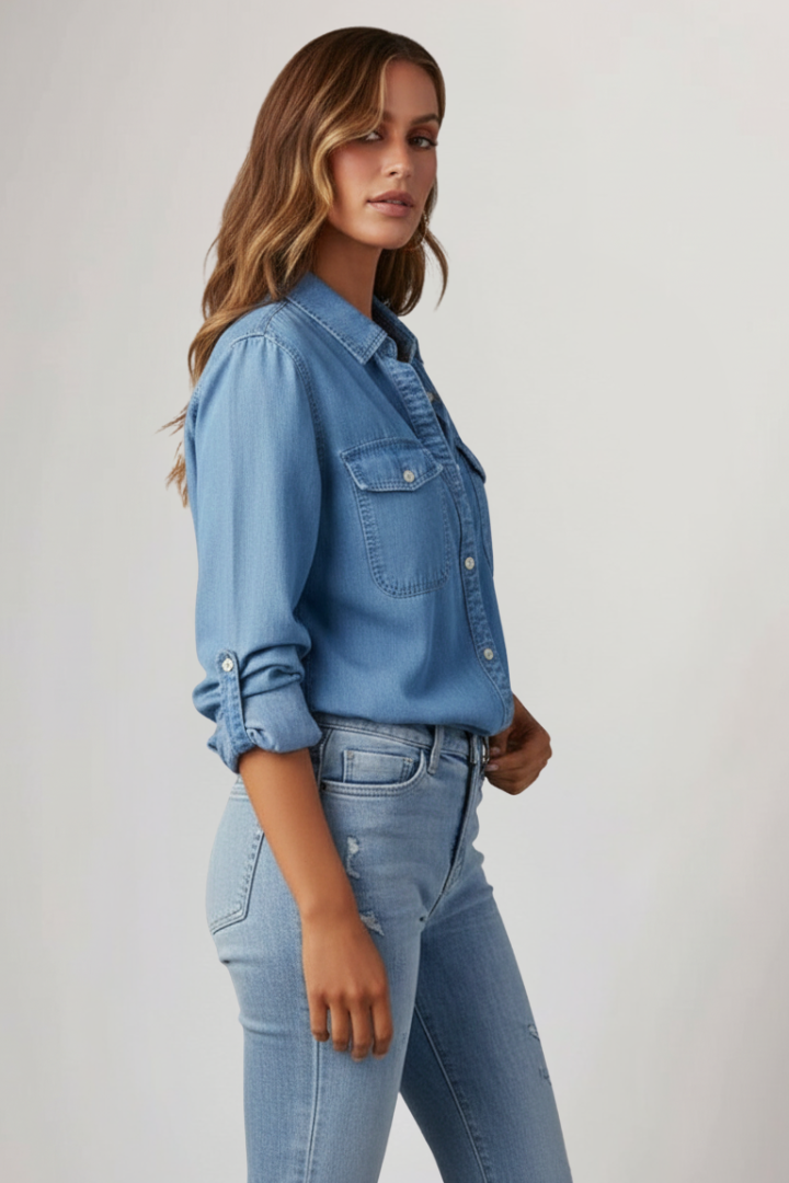 Classic collar women's long sleeve top, a stylish button-up shirt featuring practical chest pockets.