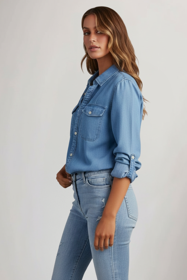 Women's long sleeve button-up shirt for layering. Classic collar design, a versatile fashion top for all seasons.