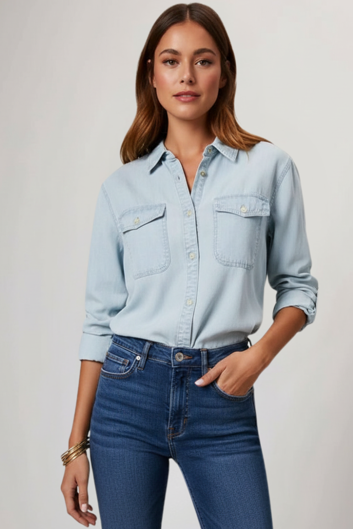 Stylish women's long sleeve shirt, button-up design with a classic collar and front chest pockets.