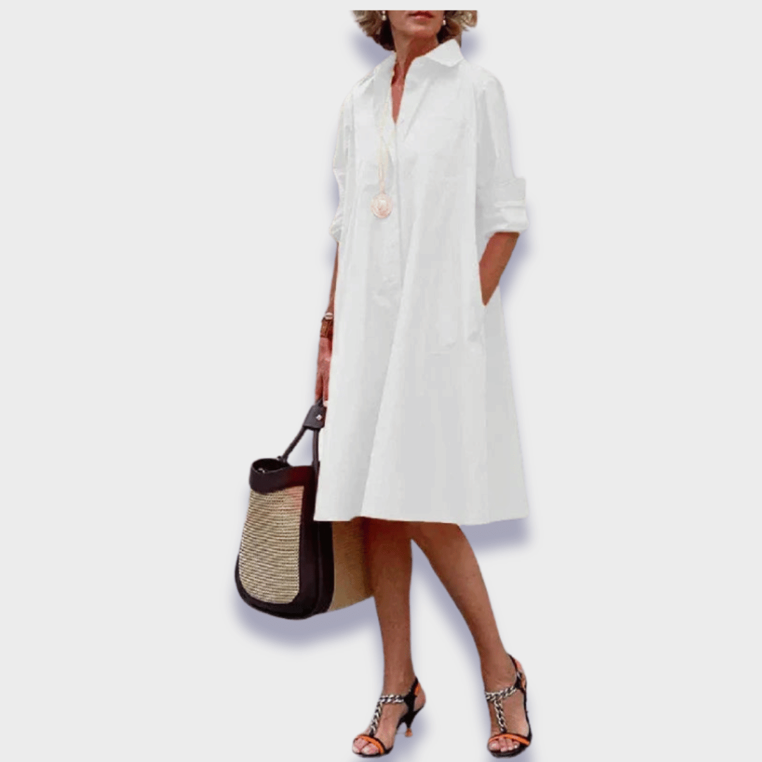 Comfortable women's long sleeve midi polo dress with a classic collar, ideal for a chic, casual spring look.