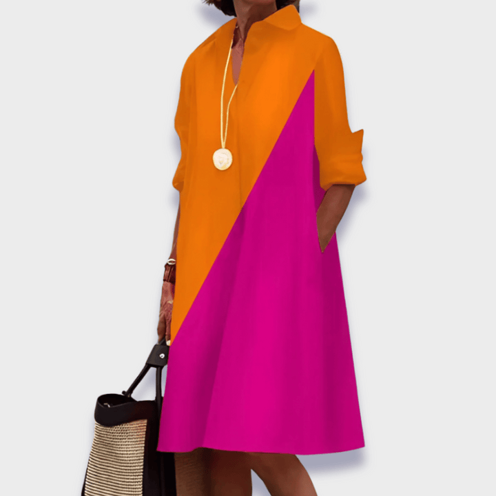 Stylish women's collared midi polo dress, long sleeves & flared skirt, suitable for casual outings or office elegance.