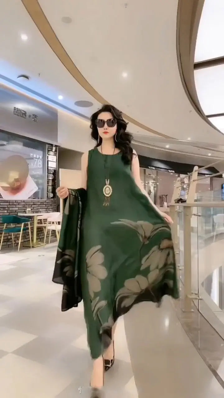 Model wearing a relaxed women's long sleeve straight cut maxi dress, great for casual everyday fashion.