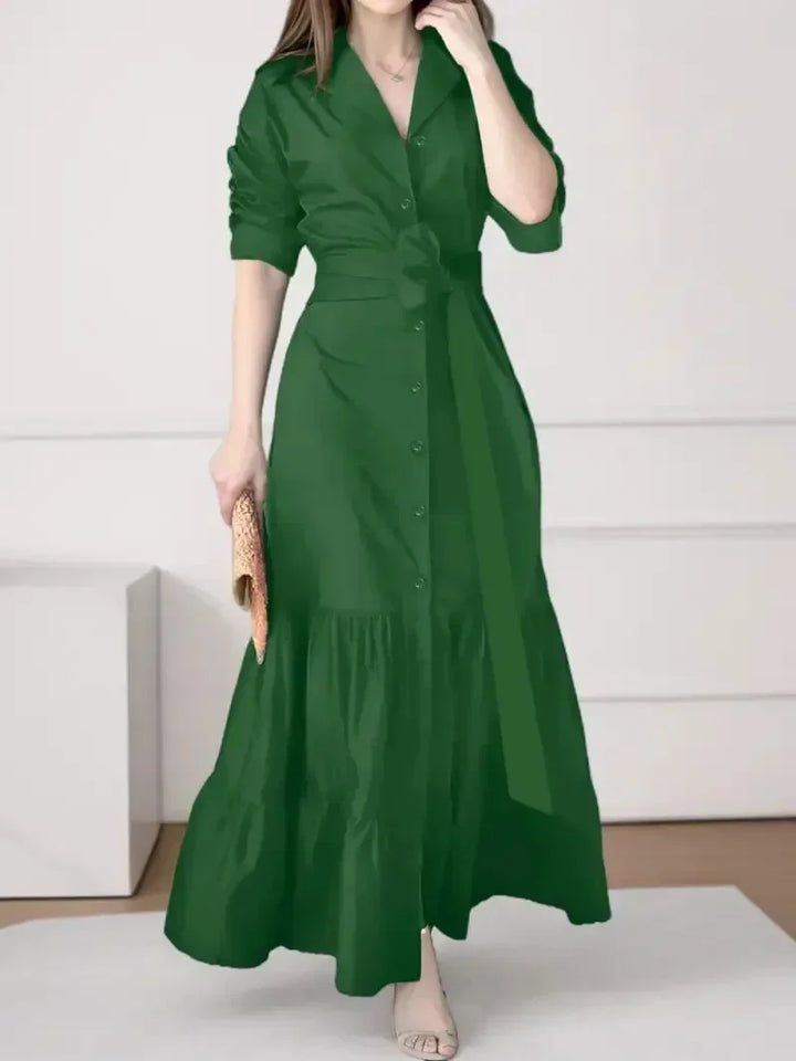 Elegant women's tiered maxi shirt dress with long sleeves and a stylish tie waist, perfect for summer or casual wear.