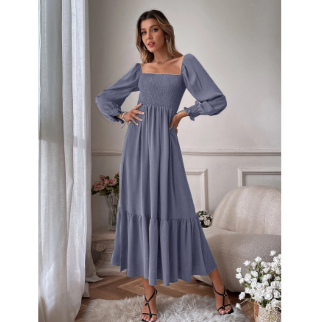 Women's long sleeve transitional dress with Florentine neckline, ideal for fall fashion and versatile wear.