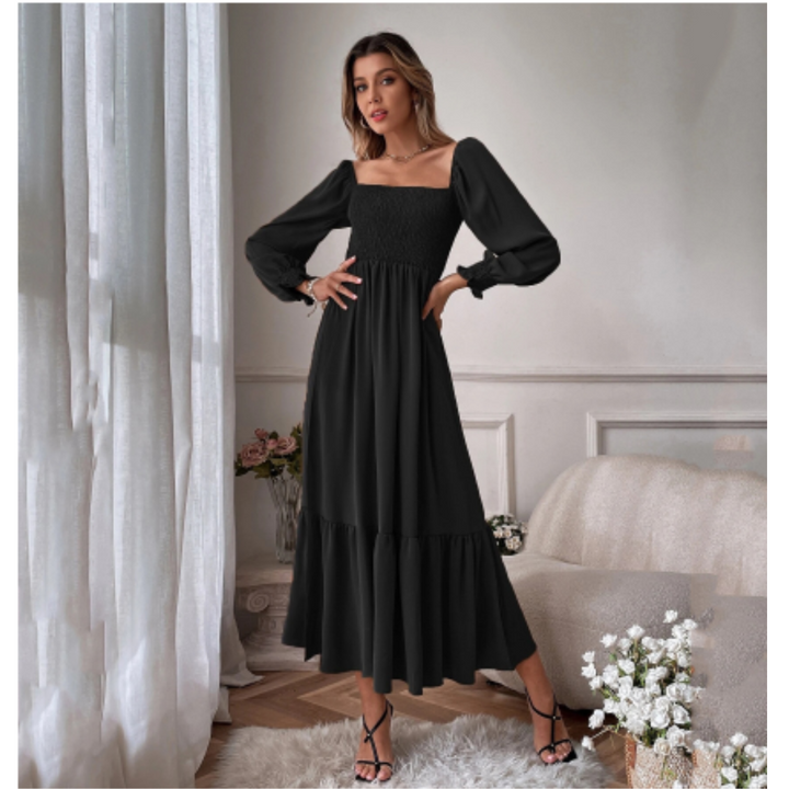 Comfortable women's transitional dress with long sleeves and stylish Florentine neckline. Great for fall.