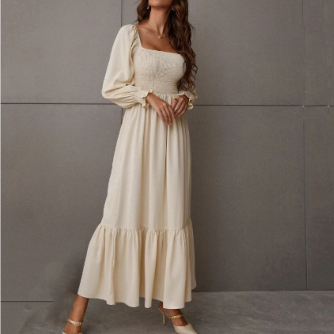 Chic women's transitional dress. Long sleeve design with a unique Florentine neckline, ideal for versatile styling.