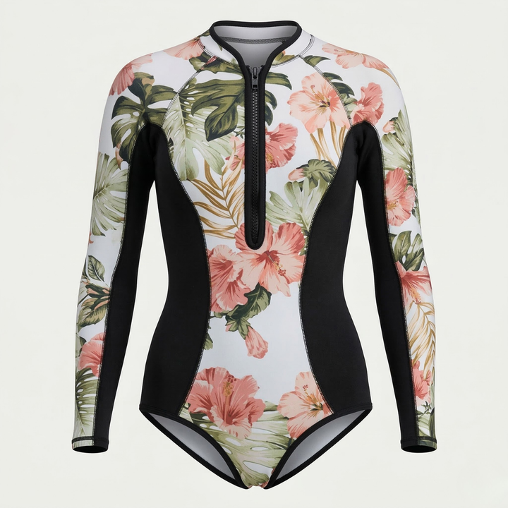 Colorful tropical print long sleeve women's surf suit, designed for comfort & sun protection in water.