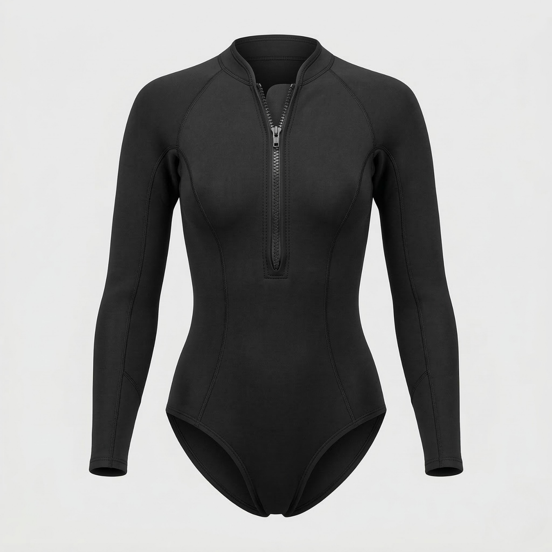 Women's long sleeve tropical print surf suit with UV protection, quick-dry, for active beach & water sports.