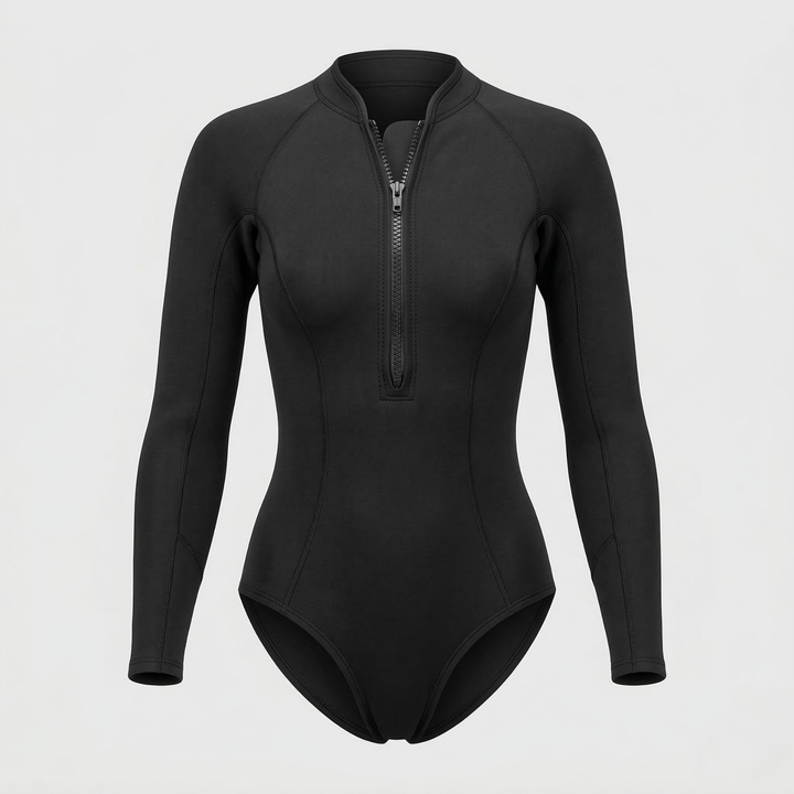 Women's long sleeve tropical print surf suit with UV protection, quick-dry, for active beach & water sports.