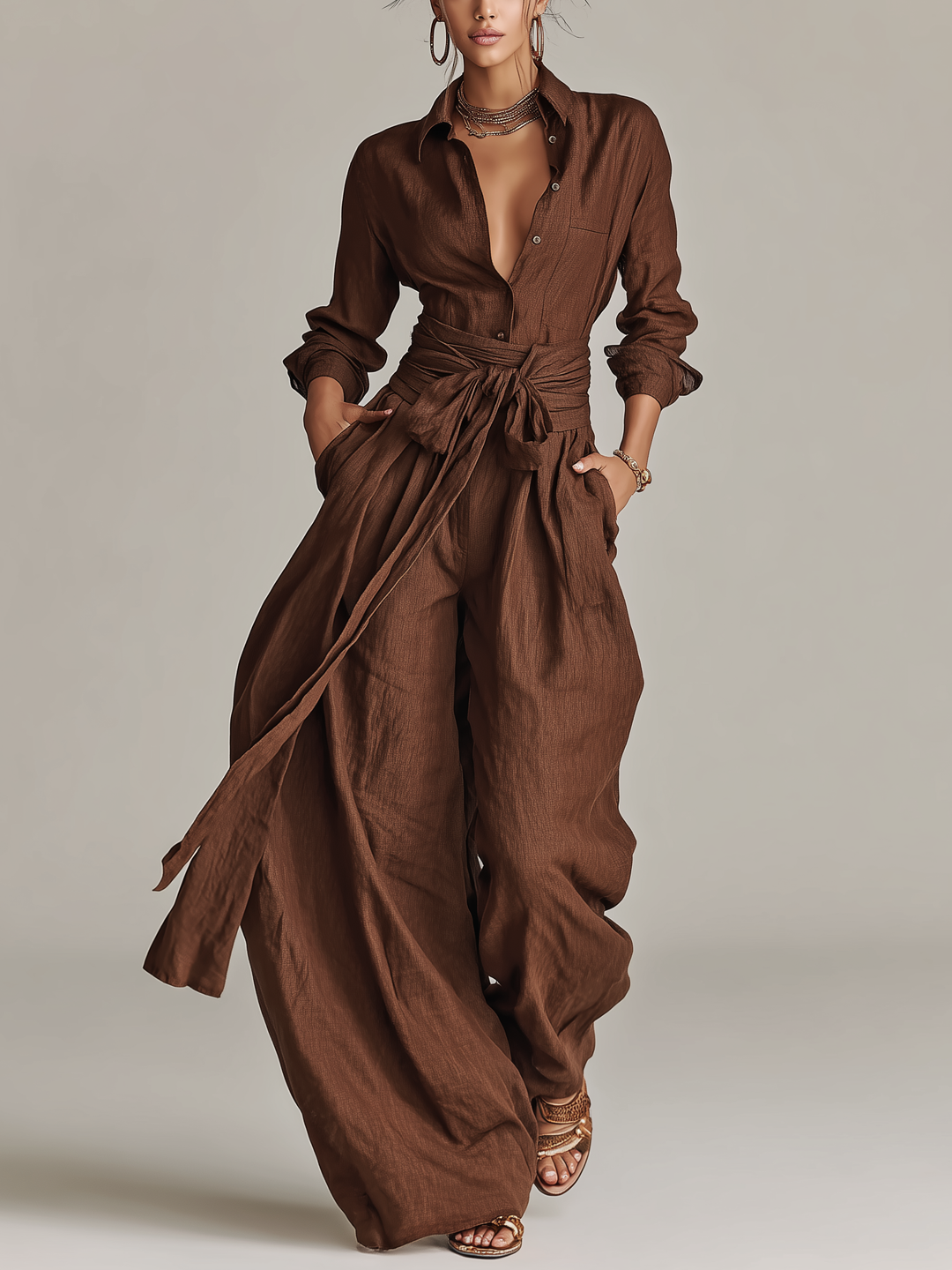 Women's long sleeve wide leg jumpsuit with tie waist, perfect for casual chic or elegant summer style.